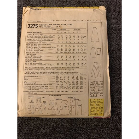 McCalls 3275 Vest Skirt & Pants Pattern Size 12 uncut 1972 - Picture 2 of 2
